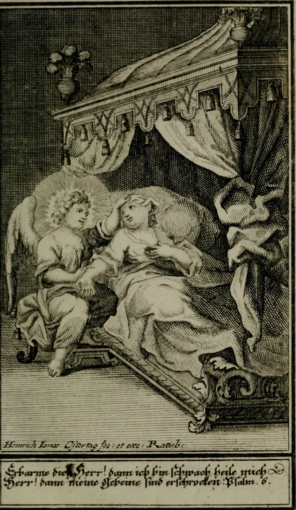 An illustration from Die ihren Gott liebende Seele, vorgestellt in den Sinnbildern des Hermanni Hugonis über seine Pia desideria, und des Ottonis Vaenii, über die Liebe Gottes, mit neuen Kupffern und Versen, welche zielen auf das innere Christenthum, aus dem Frantzösischen ins Teutsche übersetzt, 1743, leaf 50