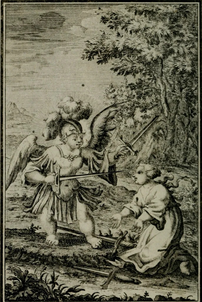 An illustration from Die ihren Gott liebende Seele, vorgestellt in den Sinnbildern des Hermanni Hugonis über seine Pia desideria, und des Ottonis Vaenii, über die Liebe Gottes, mit neuen Kupffern und Versen, welche zielen auf das innere Christenthum, aus dem Frantzösischen ins Teutsche übersetzt, 1743, leaf 59