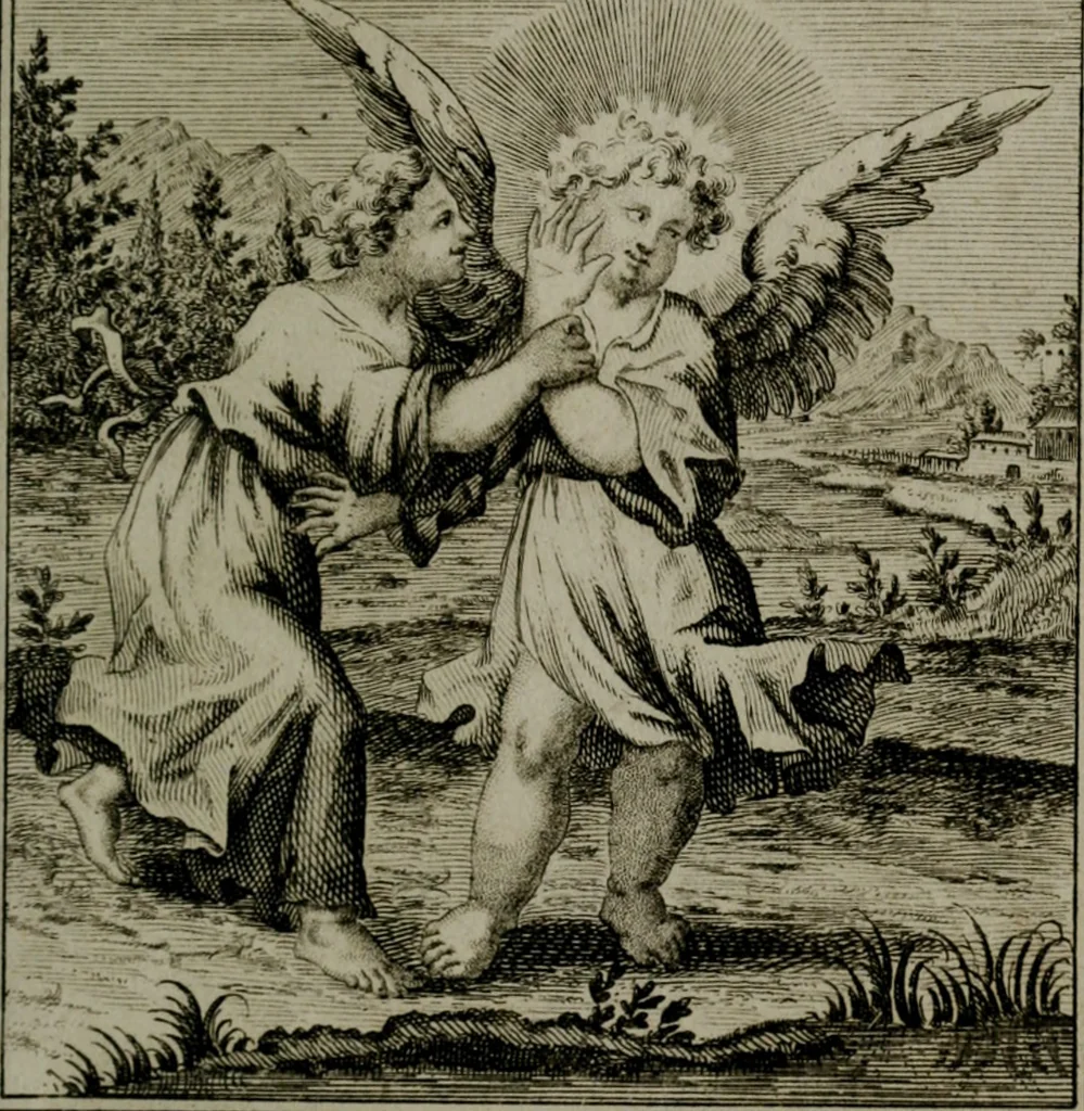 An illustration from Die ihren Gott liebende Seele, vorgestellt in den Sinnbildern des Hermanni Hugonis über seine Pia desideria, und des Ottonis Vaenii, über die Liebe Gottes, mit neuen Kupffern und Versen, welche zielen auf das innere Christenthum, aus dem Frantzösischen ins Teutsche übersetzt, 1743, leaf 62