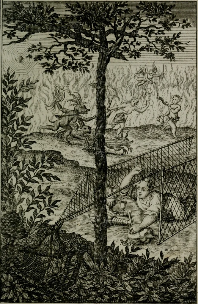 An illustration from Die ihren Gott liebende Seele, vorgestellt in den Sinnbildern des Hermanni Hugonis über seine Pia desideria, und des Ottonis Vaenii, über die Liebe Gottes, mit neuen Kupffern und Versen, welche zielen auf das innere Christenthum, aus dem Frantzösischen ins Teutsche übersetzt, 1743, leaf 68