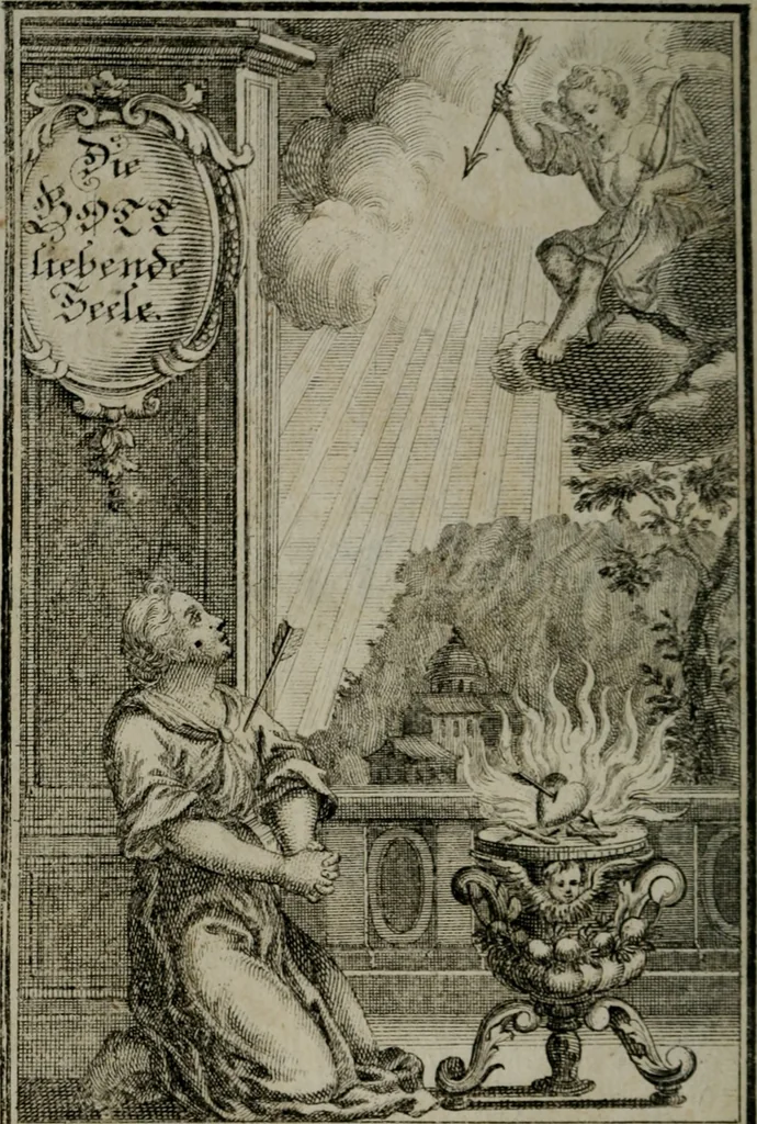 An illustration from Die ihren Gott liebende Seele, vorgestellt in den Sinnbildern des Hermanni Hugonis über seine Pia desideria, und des Ottonis Vaenii, über die Liebe Gottes, mit neuen Kupffern und Versen, welche zielen auf das innere Christenthum, aus dem Frantzösischen ins Teutsche übersetzt, 1743, leaf 7