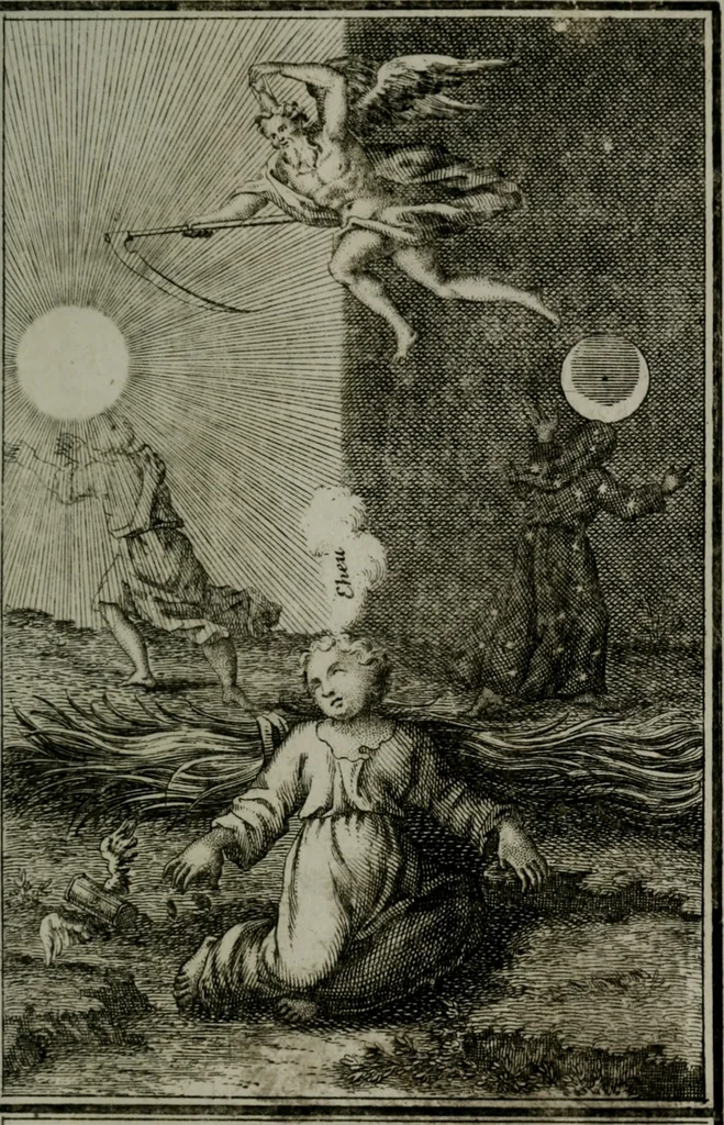 An illustration from Die ihren Gott liebende Seele, vorgestellt in den Sinnbildern des Hermanni Hugonis über seine Pia desideria, und des Ottonis Vaenii, über die Liebe Gottes, mit neuen Kupffern und Versen, welche zielen auf das innere Christenthum, aus dem Frantzösischen ins Teutsche übersetzt, 1743, leaf 86