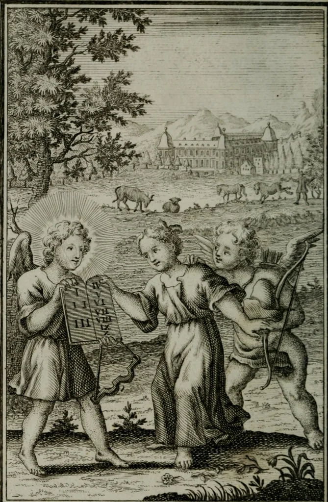 An illustration from Die ihren Gott liebende Seele, vorgestellt in den Sinnbildern des Hermanni Hugonis über seine Pia desideria, und des Ottonis Vaenii, über die Liebe Gottes, mit neuen Kupffern und Versen, welche zielen auf das innere Christenthum, aus dem Frantzösischen ins Teutsche übersetzt, 1743, leaf 89