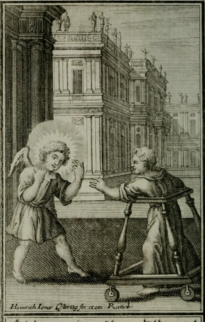 An illustration from Die ihren Gott liebende Seele, vorgestellt in den Sinnbildern des Hermanni Hugonis über seine Pia desideria, und des Ottonis Vaenii, über die Liebe Gottes, mit neuen Kupffern und Versen, welche zielen auf das innere Christenthum, aus dem Frantzösischen ins Teutsche übersetzt, 1743, leaf 95