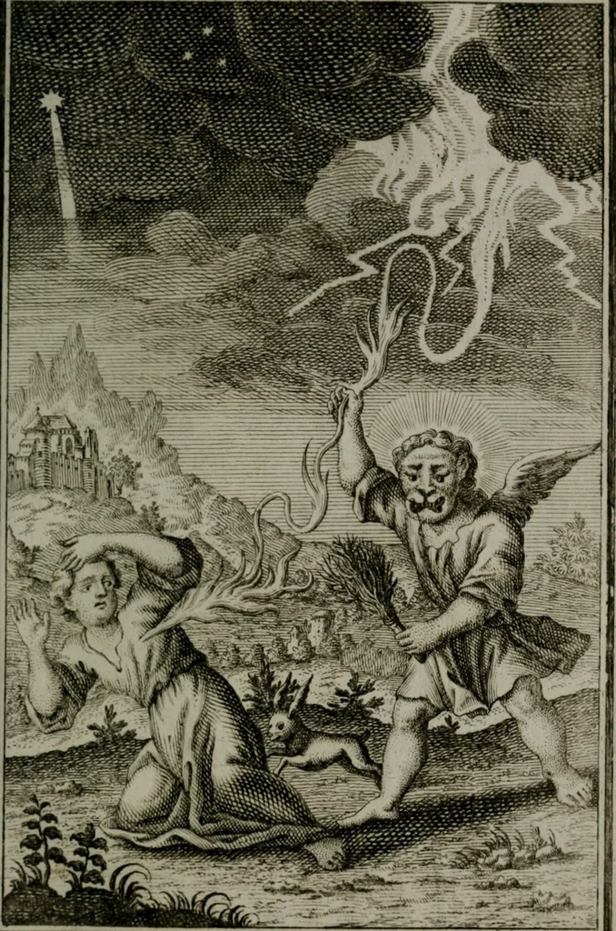 An illustration from Die ihren Gott liebende Seele, vorgestellt in den Sinnbildern des Hermanni Hugonis über seine Pia desideria, und des Ottonis Vaenii, über die Liebe Gottes, mit neuen Kupffern und Versen, welche zielen auf das innere Christenthum, aus dem Frantzösischen ins Teutsche übersetzt, 1743, leaf 98
