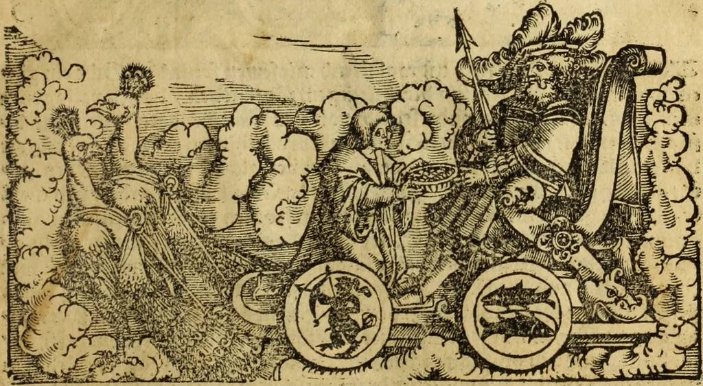 An illustration from Die Kunst der Chiromantzey : vsz Besehung der Hend. Physiognomey / vsz Anblick des Menschens. Natürlichen Astrologey noch dem Lauff der Soñen. Complexion eins yegklichen Menschens. Natürlichen Ynflüssz der Planeten. der zwolff Zeichen Angesychten. Ettliche Canones / zu Erkantnüsz der Menschen Kranckheiten / solicher weisz vormals nye beschriben oder gedruckt. Zusamen verordnet / vnd verteütscht durch ..., 1523, leaf 132