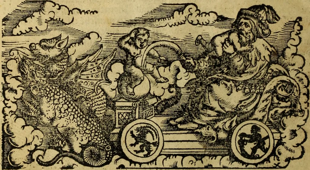 An illustration from Die Kunst der Chiromantzey : vsz Besehung der Hend. Physiognomey / vsz Anblick des Menschens. Natürlichen Astrologey noch dem Lauff der Soñen. Complexion eins yegklichen Menschens. Natürlichen Ynflüssz der Planeten. der zwolff Zeichen Angesychten. Ettliche Canones / zu Erkantnüsz der Menschen Kranckheiten / solicher weisz vormals nye beschriben oder gedruckt. Zusamen verordnet / vnd verteütscht durch ..., 1523, leaf 135