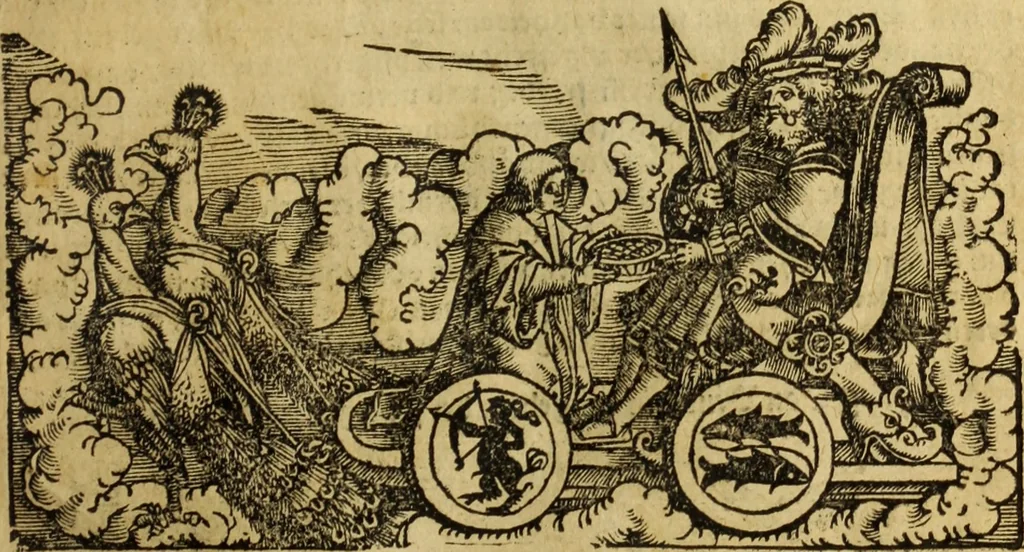 An illustration from Die Kunst der Chiromantzey : vsz Besehung der Hend. Physiognomey / vsz Anblick des Menschens. Natürlichen Astrologey noch dem Lauff der Soñen. Complexion eins yegklichen Menschens. Natürlichen Ynflüssz der Planeten. der zwolff Zeichen Angesychten. Ettliche Canones / zu Erkantnüsz der Menschen Kranckheiten / solicher weisz vormals nye beschriben oder gedruckt. Zusamen verordnet / vnd verteütscht durch ..., 1523, leaf 136