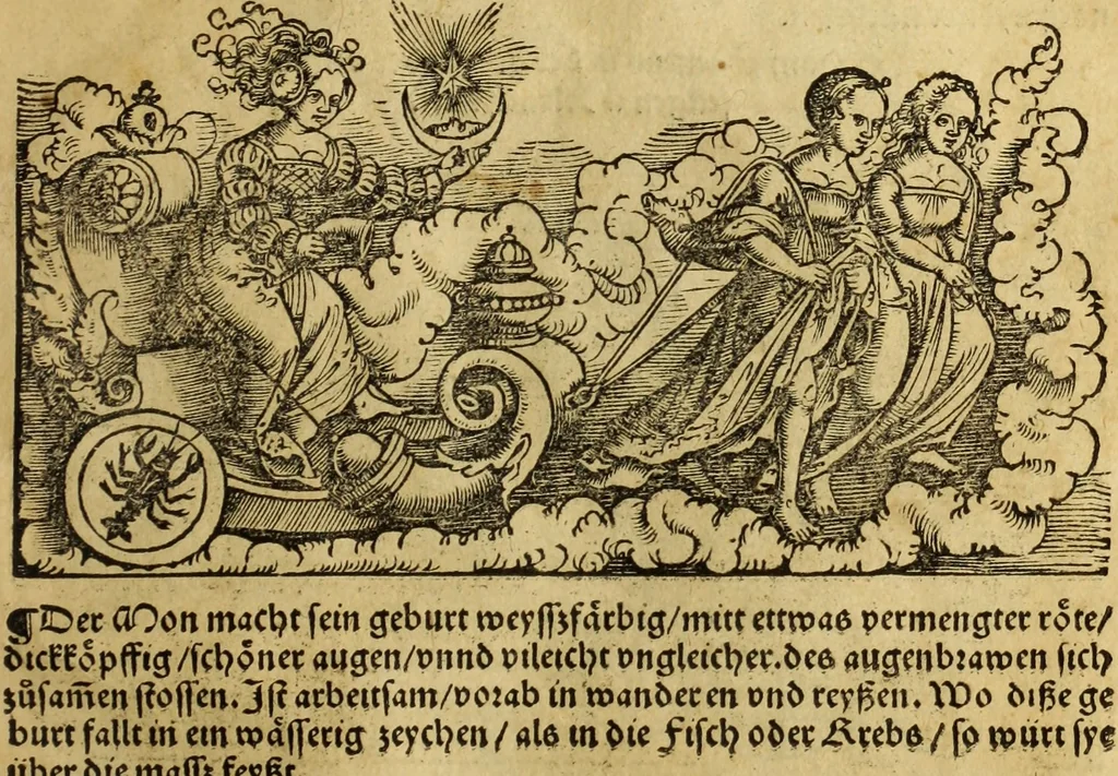 An illustration from Die Kunst der Chiromantzey : vsz Besehung der Hend. Physiognomey / vsz Anblick des Menschens. Natürlichen Astrologey noch dem Lauff der Soñen. Complexion eins yegklichen Menschens. Natürlichen Ynflüssz der Planeten. der zwolff Zeichen Angesychten. Ettliche Canones / zu Erkantnüsz der Menschen Kranckheiten / solicher weisz vormals nye beschriben oder gedruckt. Zusamen verordnet / vnd verteütscht durch ..., 1523, leaf 138