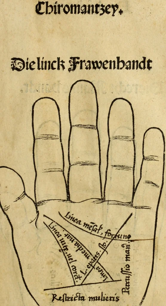 An illustration from Die Kunst der Chiromantzey : vsz Besehung der Hend. Physiognomey / vsz Anblick des Menschens. Natürlichen Astrologey noch dem Lauff der Soñen. Complexion eins yegklichen Menschens. Natürlichen Ynflüssz der Planeten. der zwolff Zeichen Angesychten. Ettliche Canones / zu Erkantnüsz der Menschen Kranckheiten / solicher weisz vormals nye beschriben oder gedruckt. Zusamen verordnet / vnd verteütscht durch ..., 1523, leaf 16