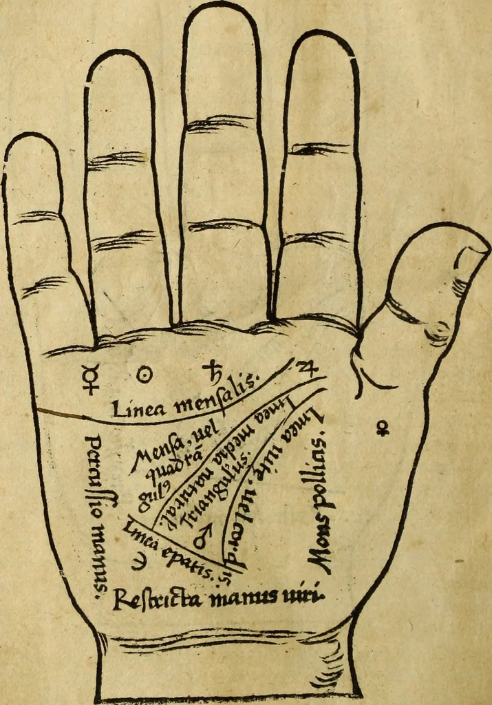 An illustration from Die Kunst der Chiromantzey : vsz Besehung der Hend. Physiognomey / vsz Anblick des Menschens. Natürlichen Astrologey noch dem Lauff der Soñen. Complexion eins yegklichen Menschens. Natürlichen Ynflüssz der Planeten. der zwolff Zeichen Angesychten. Ettliche Canones / zu Erkantnüsz der Menschen Kranckheiten / solicher weisz vormals nye beschriben oder gedruckt. Zusamen verordnet / vnd verteütscht durch ..., 1523, leaf 17