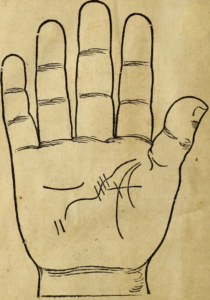 An illustration from Die Kunst der Chiromantzey : vsz Besehung der Hend. Physiognomey / vsz Anblick des Menschens. Natürlichen Astrologey noch dem Lauff der Soñen. Complexion eins yegklichen Menschens. Natürlichen Ynflüssz der Planeten. der zwolff Zeichen Angesychten. Ettliche Canones / zu Erkantnüsz der Menschen Kranckheiten / solicher weisz vormals nye beschriben oder gedruckt. Zusamen verordnet / vnd verteütscht durch ..., 1523, leaf 27
