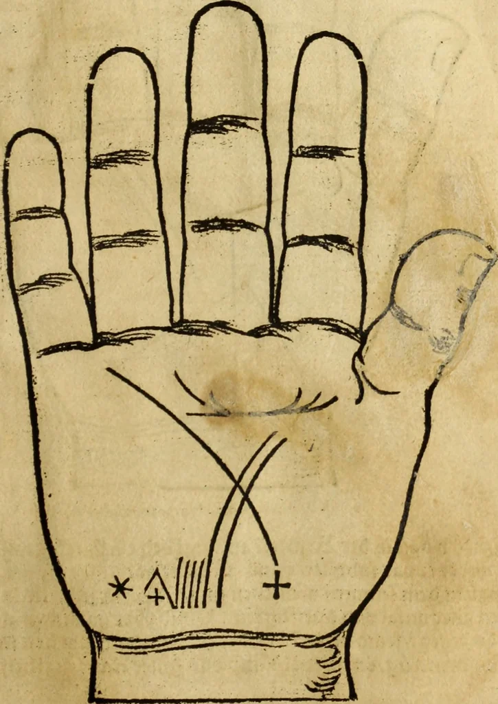An illustration from Die Kunst der Chiromantzey : vsz Besehung der Hend. Physiognomey / vsz Anblick des Menschens. Natürlichen Astrologey noch dem Lauff der Soñen. Complexion eins yegklichen Menschens. Natürlichen Ynflüssz der Planeten. der zwolff Zeichen Angesychten. Ettliche Canones / zu Erkantnüsz der Menschen Kranckheiten / solicher weisz vormals nye beschriben oder gedruckt. Zusamen verordnet / vnd verteütscht durch ..., 1523, leaf 38