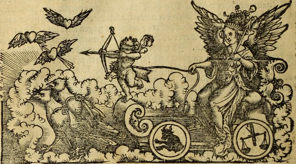 An illustration from Die Kunst der Chiromantzey : vsz Besehung der Hend. Physiognomey / vsz Anblick des Menschens. Natürlichen Astrologey noch dem Lauff der Soñen. Complexion eins yegklichen Menschens. Natürlichen Ynflüssz der Planeten. der zwolff Zeichen Angesychten. Ettliche Canones / zu Erkantnüsz der Menschen Kranckheiten / solicher weisz vormals nye beschriben oder gedruckt. Zusamen verordnet / vnd verteütscht durch ..., 1523, leaf 47