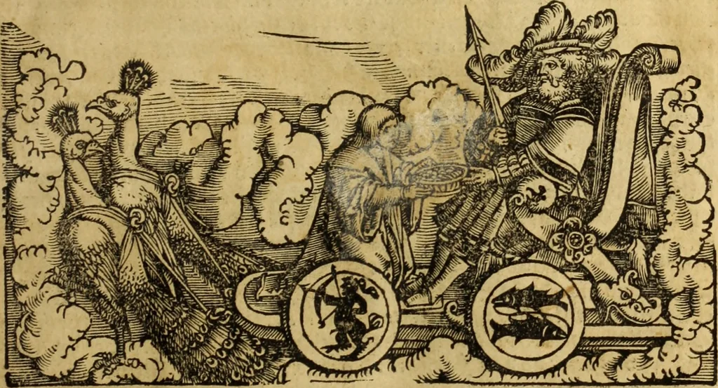 An illustration from Die Kunst der Chiromantzey : vsz Besehung der Hend. Physiognomey / vsz Anblick des Menschens. Natürlichen Astrologey noch dem Lauff der Soñen. Complexion eins yegklichen Menschens. Natürlichen Ynflüssz der Planeten. der zwolff Zeichen Angesychten. Ettliche Canones / zu Erkantnüsz der Menschen Kranckheiten / solicher weisz vormals nye beschriben oder gedruckt. Zusamen verordnet / vnd verteütscht durch ..., 1523, leaf 50