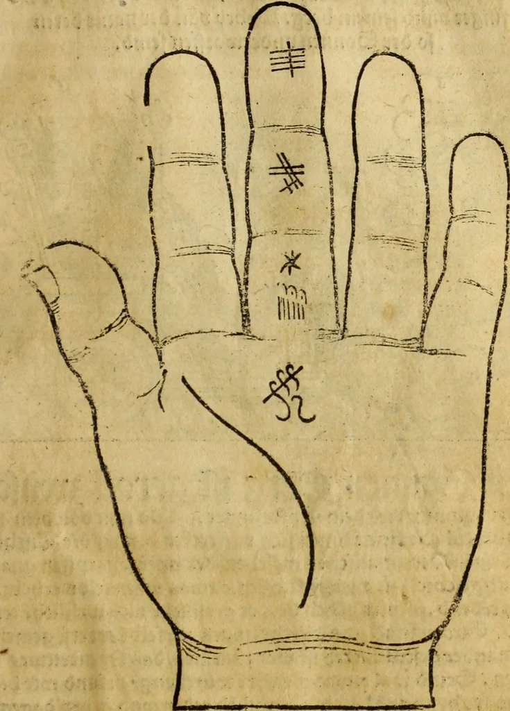 An illustration from Die Kunst der Chiromantzey : vsz Besehung der Hend. Physiognomey / vsz Anblick des Menschens. Natürlichen Astrologey noch dem Lauff der Soñen. Complexion eins yegklichen Menschens. Natürlichen Ynflüssz der Planeten. der zwolff Zeichen Angesychten. Ettliche Canones / zu Erkantnüsz der Menschen Kranckheiten / solicher weisz vormals nye beschriben oder gedruckt. Zusamen verordnet / vnd verteütscht durch ..., 1523, leaf 56
