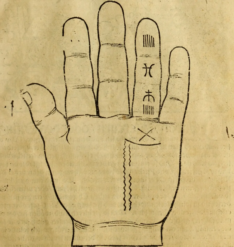 An illustration from Die Kunst der Chiromantzey : vsz Besehung der Hend. Physiognomey / vsz Anblick des Menschens. Natürlichen Astrologey noch dem Lauff der Soñen. Complexion eins yegklichen Menschens. Natürlichen Ynflüssz der Planeten. der zwolff Zeichen Angesychten. Ettliche Canones / zu Erkantnüsz der Menschen Kranckheiten / solicher weisz vormals nye beschriben oder gedruckt. Zusamen verordnet / vnd verteütscht durch ..., 1523, leaf 58