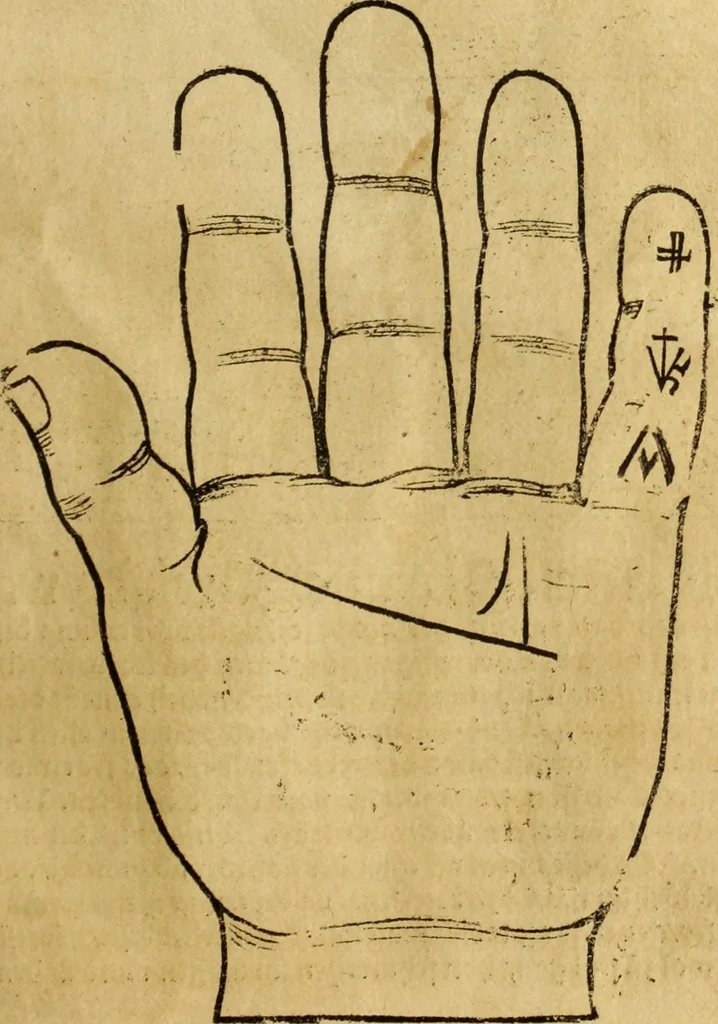 An illustration from Die Kunst der Chiromantzey : vsz Besehung der Hend. Physiognomey / vsz Anblick des Menschens. Natürlichen Astrologey noch dem Lauff der Soñen. Complexion eins yegklichen Menschens. Natürlichen Ynflüssz der Planeten. der zwolff Zeichen Angesychten. Ettliche Canones / zu Erkantnüsz der Menschen Kranckheiten / solicher weisz vormals nye beschriben oder gedruckt. Zusamen verordnet / vnd verteütscht durch ..., 1523, leaf 60