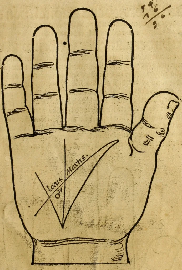An illustration from Die Kunst der Chiromantzey : vsz Besehung der Hend. Physiognomey / vsz Anblick des Menschens. Natürlichen Astrologey noch dem Lauff der Soñen. Complexion eins yegklichen Menschens. Natürlichen Ynflüssz der Planeten. der zwolff Zeichen Angesychten. Ettliche Canones / zu Erkantnüsz der Menschen Kranckheiten / solicher weisz vormals nye beschriben oder gedruckt. Zusamen verordnet / vnd verteütscht durch ..., 1523, leaf 64