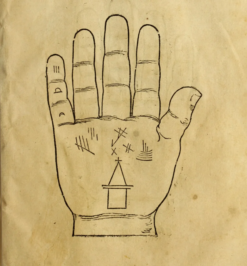 An illustration from Die Kunst der Chiromantzey : vsz Besehung der Hend. Physiognomey / vsz Anblick des Menschens. Natürlichen Astrologey noch dem Lauff der Soñen. Complexion eins yegklichen Menschens. Natürlichen Ynflüssz der Planeten. der zwolff Zeichen Angesychten. Ettliche Canones / zu Erkantnüsz der Menschen Kranckheiten / solicher weisz vormals nye beschriben oder gedruckt. Zusamen verordnet / vnd verteütscht durch ..., 1523, leaf 70