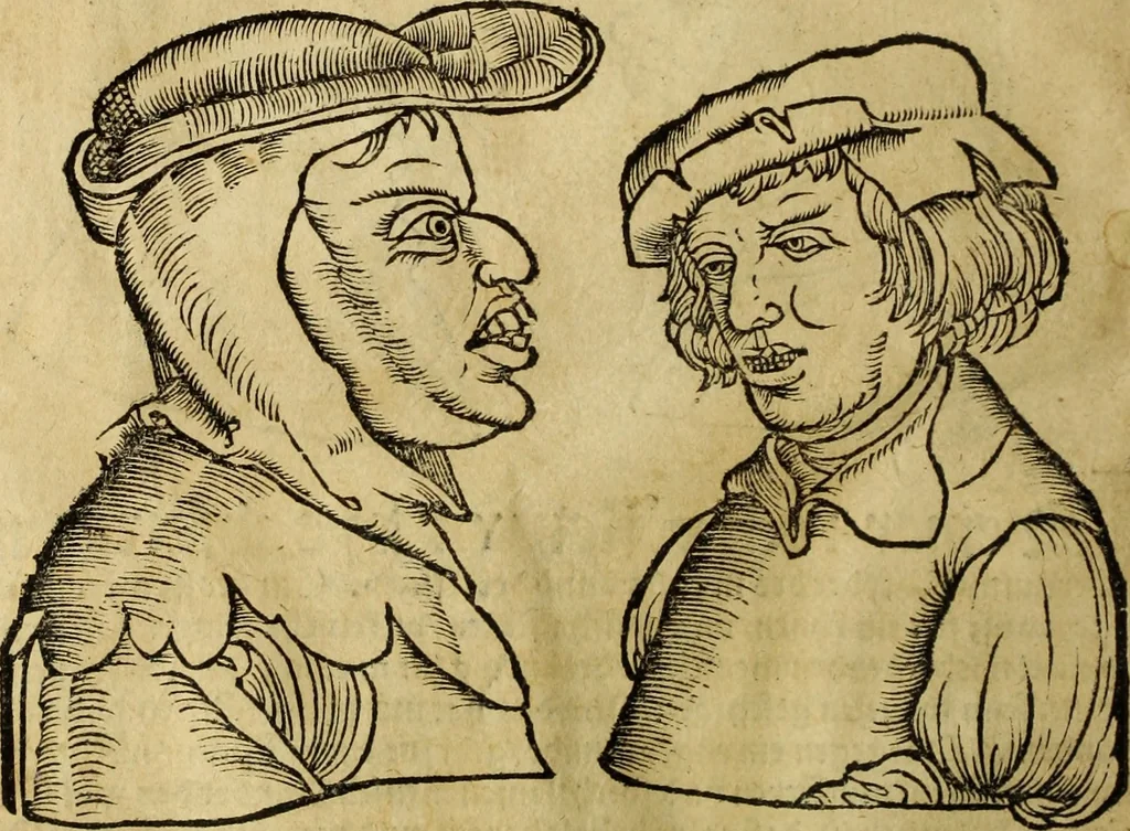 An illustration from Die Kunst der Chiromantzey : vsz Besehung der Hend. Physiognomey / vsz Anblick des Menschens. Natürlichen Astrologey noch dem Lauff der Soñen. Complexion eins yegklichen Menschens. Natürlichen Ynflüssz der Planeten. der zwolff Zeichen Angesychten. Ettliche Canones / zu Erkantnüsz der Menschen Kranckheiten / solicher weisz vormals nye beschriben oder gedruckt. Zusamen verordnet / vnd verteütscht durch ..., 1523, leaf 75