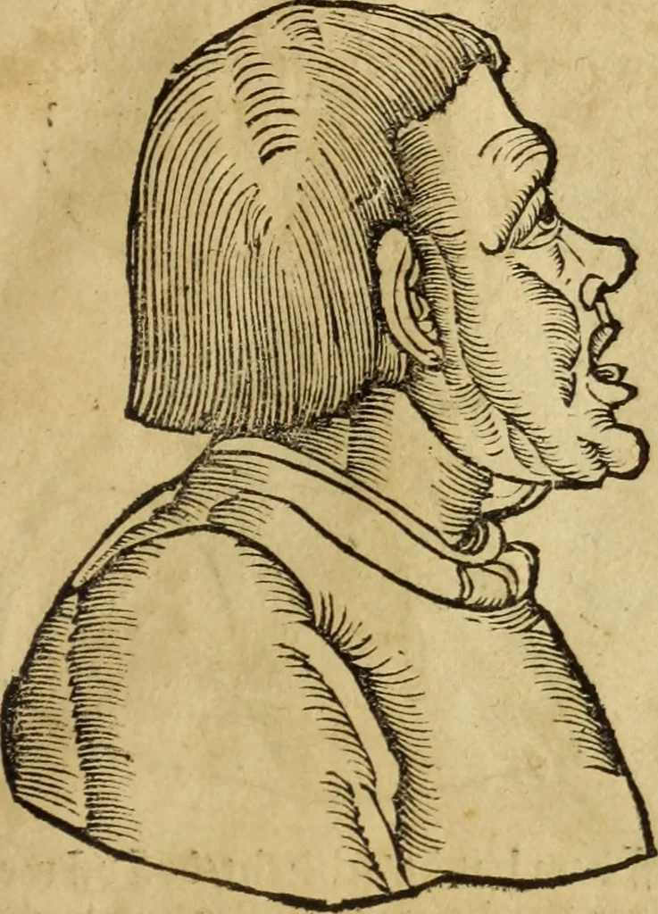 An illustration from Die Kunst der Chiromantzey : vsz Besehung der Hend. Physiognomey / vsz Anblick des Menschens. Natürlichen Astrologey noch dem Lauff der Soñen. Complexion eins yegklichen Menschens. Natürlichen Ynflüssz der Planeten. der zwolff Zeichen Angesychten. Ettliche Canones / zu Erkantnüsz der Menschen Kranckheiten / solicher weisz vormals nye beschriben oder gedruckt. Zusamen verordnet / vnd verteütscht durch ..., 1523, leaf 76