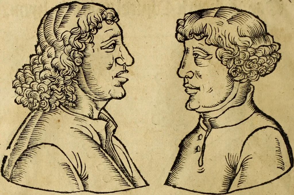 An illustration from Die Kunst der Chiromantzey : vsz Besehung der Hend. Physiognomey / vsz Anblick des Menschens. Natürlichen Astrologey noch dem Lauff der Soñen. Complexion eins yegklichen Menschens. Natürlichen Ynflüssz der Planeten. der zwolff Zeichen Angesychten. Ettliche Canones / zu Erkantnüsz der Menschen Kranckheiten / solicher weisz vormals nye beschriben oder gedruckt. Zusamen verordnet / vnd verteütscht durch ..., 1523, leaf 77