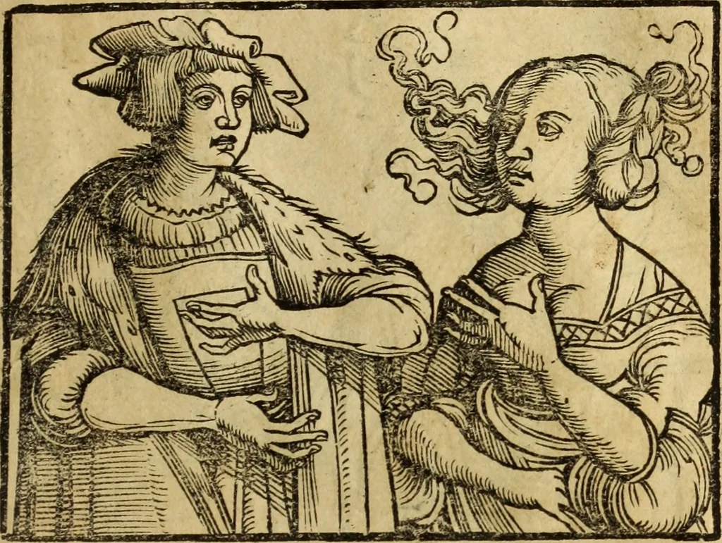 An illustration from Die Kunst der Chiromantzey : vsz Besehung der Hend. Physiognomey / vsz Anblick des Menschens. Natürlichen Astrologey noch dem Lauff der Soñen. Complexion eins yegklichen Menschens. Natürlichen Ynflüssz der Planeten. der zwolff Zeichen Angesychten. Ettliche Canones / zu Erkantnüsz der Menschen Kranckheiten / solicher weisz vormals nye beschriben oder gedruckt. Zusamen verordnet / vnd verteütscht durch ..., 1523, leaf 78