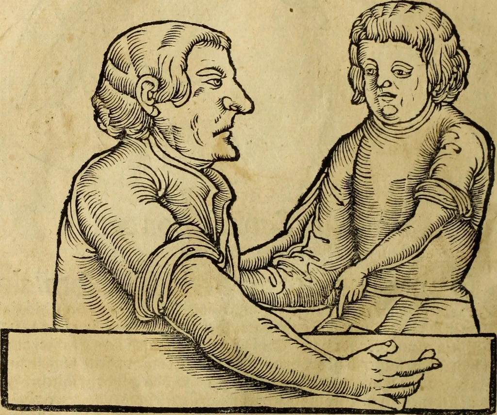 An illustration from Die Kunst der Chiromantzey : vsz Besehung der Hend. Physiognomey / vsz Anblick des Menschens. Natürlichen Astrologey noch dem Lauff der Soñen. Complexion eins yegklichen Menschens. Natürlichen Ynflüssz der Planeten. der zwolff Zeichen Angesychten. Ettliche Canones / zu Erkantnüsz der Menschen Kranckheiten / solicher weisz vormals nye beschriben oder gedruckt. Zusamen verordnet / vnd verteütscht durch ..., 1523, leaf 81