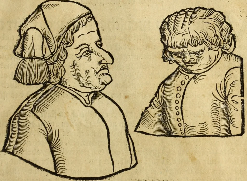 An illustration from Die Kunst der Chiromantzey : vsz Besehung der Hend. Physiognomey / vsz Anblick des Menschens. Natürlichen Astrologey noch dem Lauff der Soñen. Complexion eins yegklichen Menschens. Natürlichen Ynflüssz der Planeten. der zwolff Zeichen Angesychten. Ettliche Canones / zu Erkantnüsz der Menschen Kranckheiten / solicher weisz vormals nye beschriben oder gedruckt. Zusamen verordnet / vnd verteütscht durch ..., 1523, leaf 82