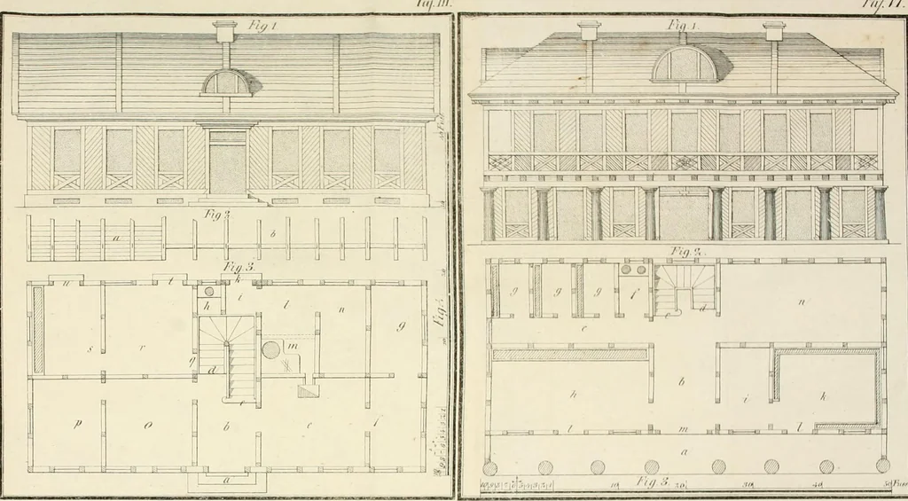 An illustration from Die ländliche und landwirthschaftliche Baukunst von Holz und Brettern : oder die Blockhäuser-Baukunst nach den Regeln der Architektur und Symmetrie systematisch bearbeitet und geordnet ..., 1840, leaf 56