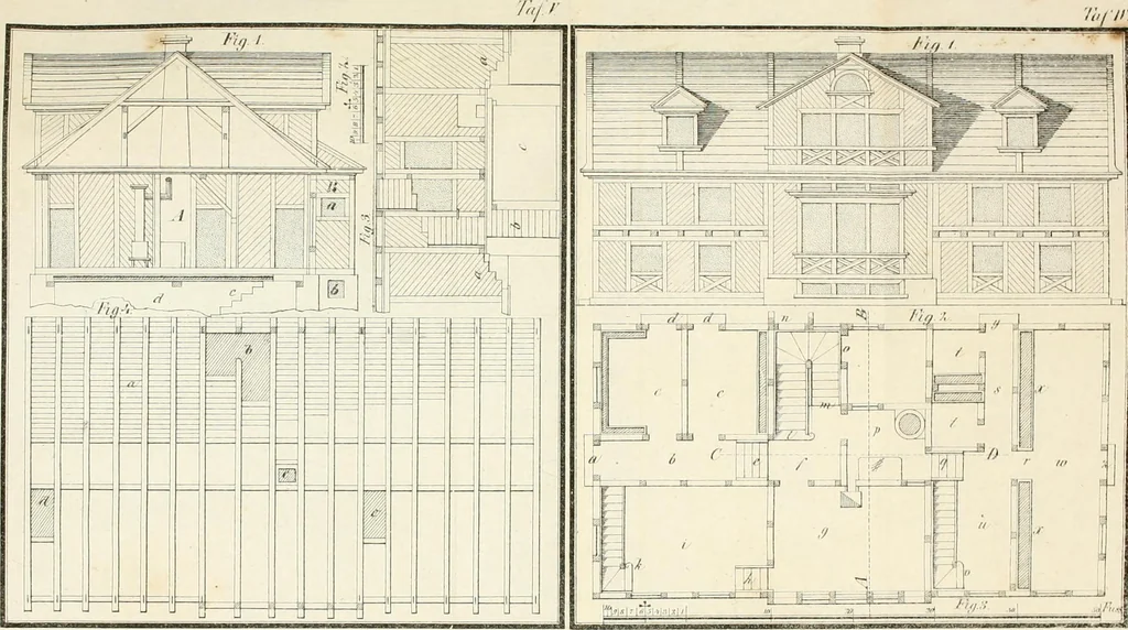 An illustration from Die ländliche und landwirthschaftliche Baukunst von Holz und Brettern : oder die Blockhäuser-Baukunst nach den Regeln der Architektur und Symmetrie systematisch bearbeitet und geordnet ..., 1840, leaf 58