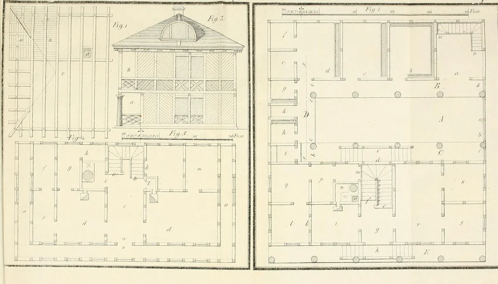 An illustration from Die ländliche und landwirthschaftliche Baukunst von Holz und Brettern : oder die Blockhäuser-Baukunst nach den Regeln der Architektur und Symmetrie systematisch bearbeitet und geordnet ..., 1840, leaf 60