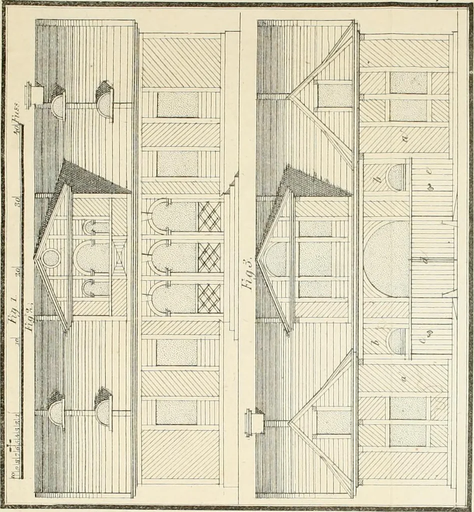 An illustration from Die ländliche und landwirthschaftliche Baukunst von Holz und Brettern : oder die Blockhäuser-Baukunst nach den Regeln der Architektur und Symmetrie systematisch bearbeitet und geordnet ..., 1840, leaf 66