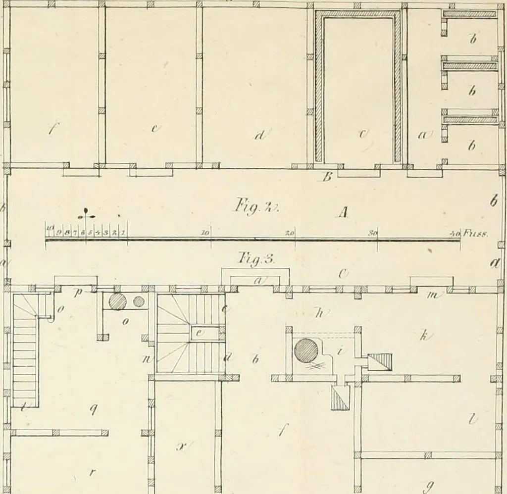 An illustration from Die ländliche und landwirthschaftliche Baukunst von Holz und Brettern : oder die Blockhäuser-Baukunst nach den Regeln der Architektur und Symmetrie systematisch bearbeitet und geordnet ..., 1840, leaf 66