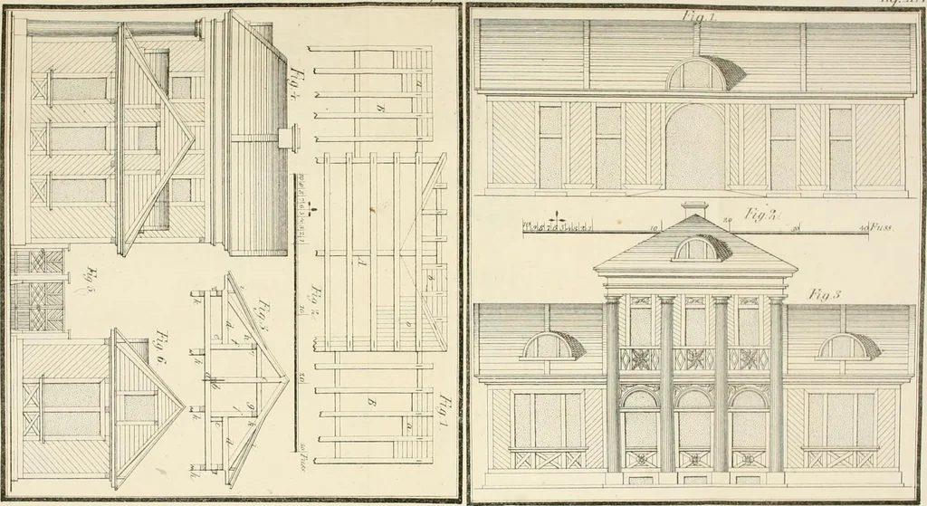 An illustration from Die ländliche und landwirthschaftliche Baukunst von Holz und Brettern : oder die Blockhäuser-Baukunst nach den Regeln der Architektur und Symmetrie systematisch bearbeitet und geordnet ..., 1840, leaf 68