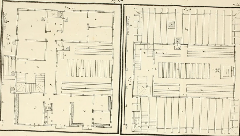 An illustration from Die ländliche und landwirthschaftliche Baukunst von Holz und Brettern : oder die Blockhäuser-Baukunst nach den Regeln der Architektur und Symmetrie systematisch bearbeitet und geordnet ..., 1840, leaf 70