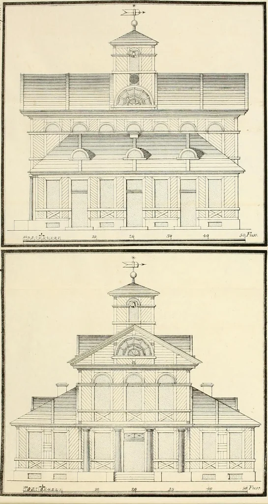 An illustration from Die ländliche und landwirthschaftliche Baukunst von Holz und Brettern : oder die Blockhäuser-Baukunst nach den Regeln der Architektur und Symmetrie systematisch bearbeitet und geordnet ..., 1840, leaf 72