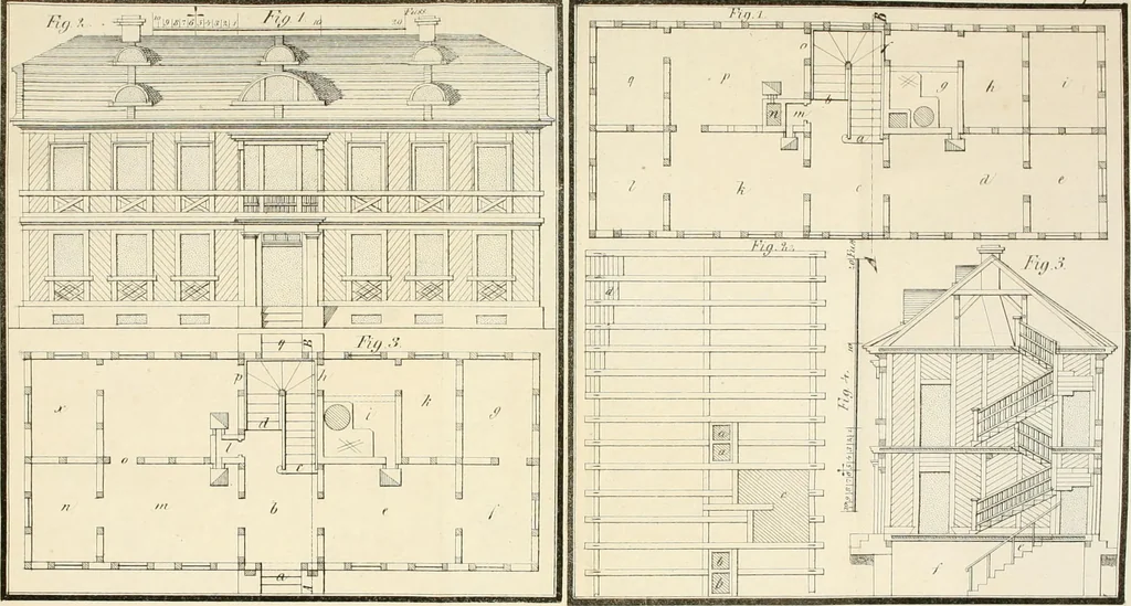 An illustration from Die ländliche und landwirthschaftliche Baukunst von Holz und Brettern : oder die Blockhäuser-Baukunst nach den Regeln der Architektur und Symmetrie systematisch bearbeitet und geordnet ..., 1840, leaf 74
