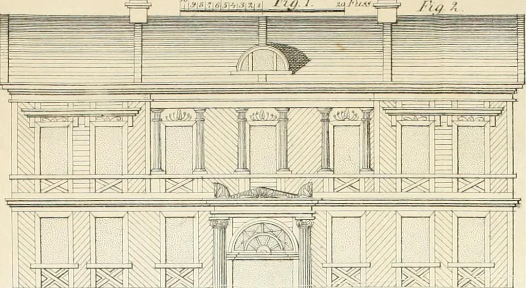 An illustration from Die ländliche und landwirthschaftliche Baukunst von Holz und Brettern : oder die Blockhäuser-Baukunst nach den Regeln der Architektur und Symmetrie systematisch bearbeitet und geordnet ..., 1840, leaf 76