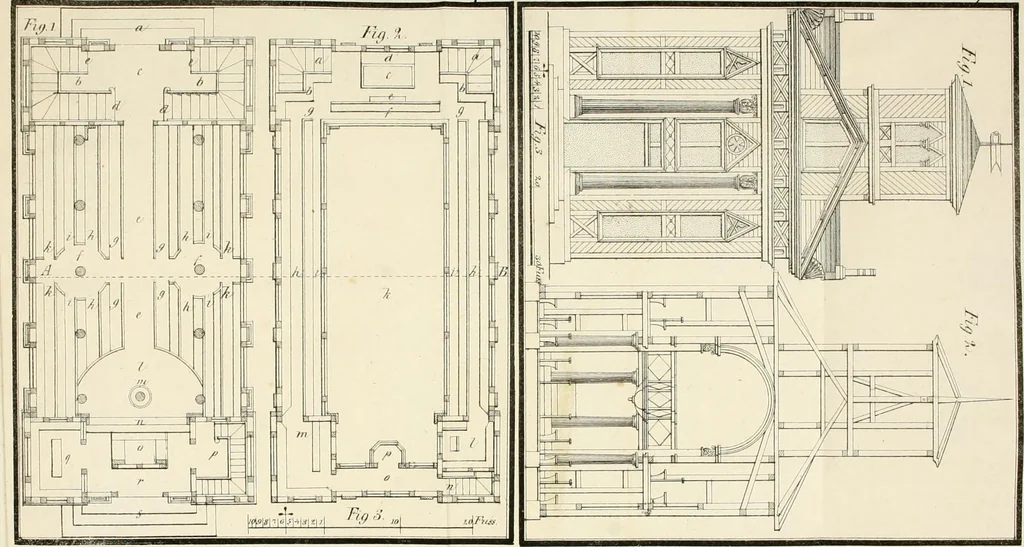 An illustration from Die ländliche und landwirthschaftliche Baukunst von Holz und Brettern : oder die Blockhäuser-Baukunst nach den Regeln der Architektur und Symmetrie systematisch bearbeitet und geordnet ..., 1840, leaf 78