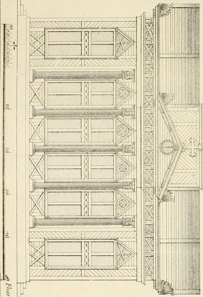 An illustration from Die ländliche und landwirthschaftliche Baukunst von Holz und Brettern : oder die Blockhäuser-Baukunst nach den Regeln der Architektur und Symmetrie systematisch bearbeitet und geordnet ..., 1840, leaf 80