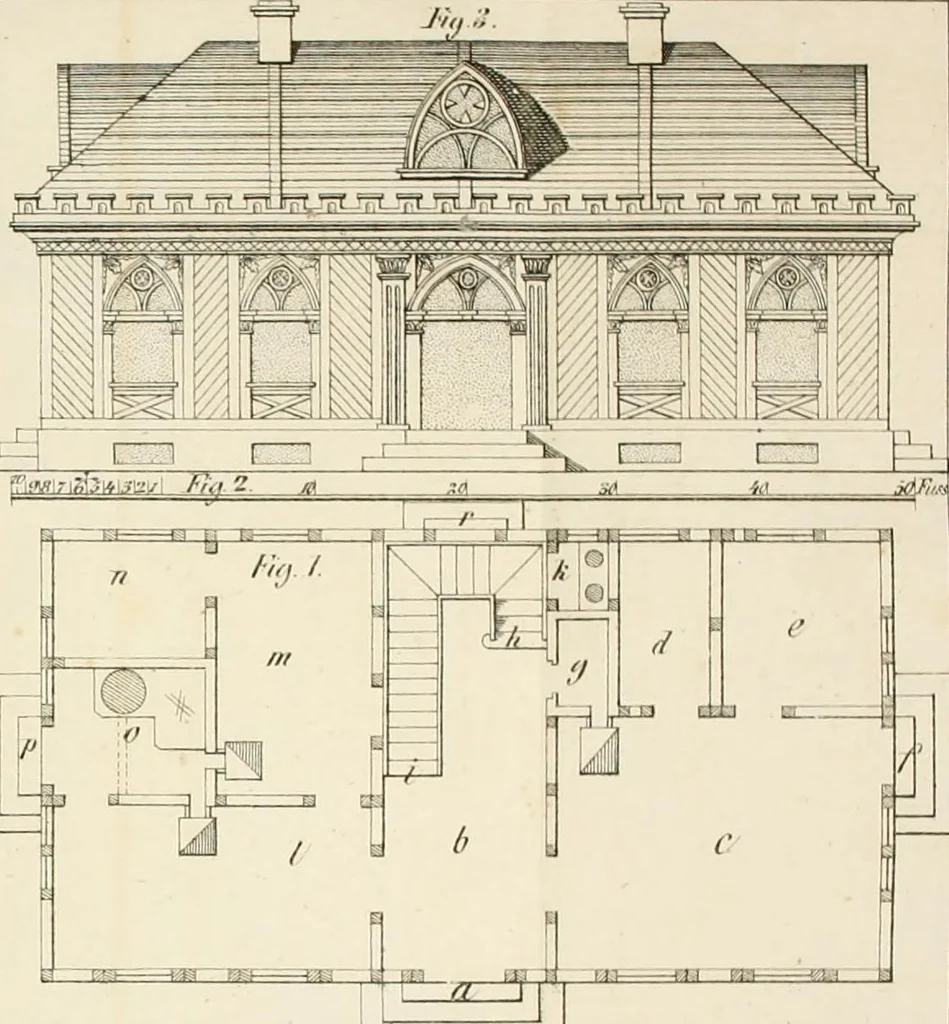 An illustration from Die ländliche und landwirthschaftliche Baukunst von Holz und Brettern : oder die Blockhäuser-Baukunst nach den Regeln der Architektur und Symmetrie systematisch bearbeitet und geordnet ..., 1840, leaf 80