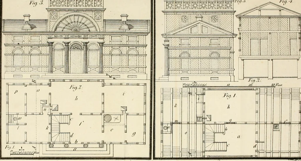 An illustration from Die ländliche und landwirthschaftliche Baukunst von Holz und Brettern : oder die Blockhäuser-Baukunst nach den Regeln der Architektur und Symmetrie systematisch bearbeitet und geordnet ..., 1840, leaf 82