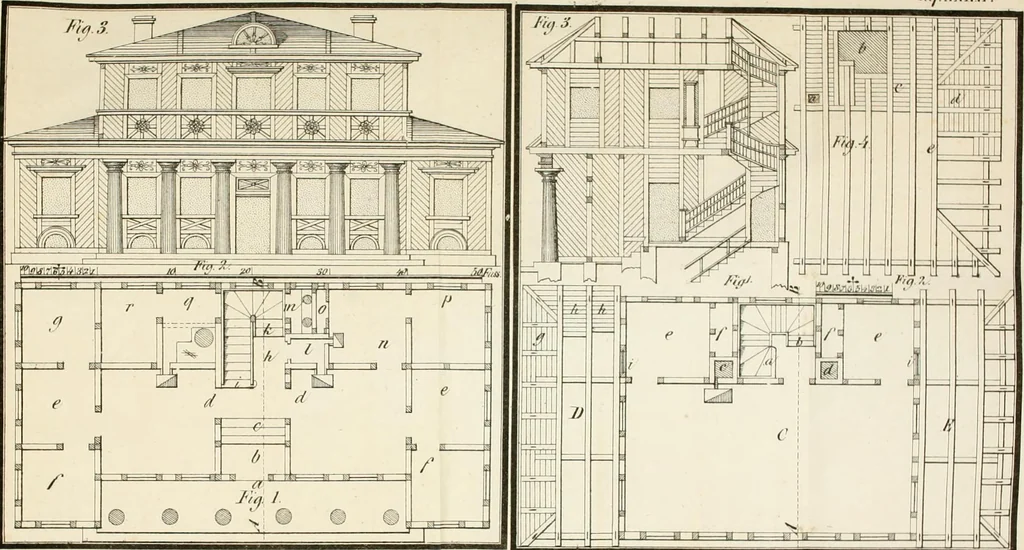 An illustration from Die ländliche und landwirthschaftliche Baukunst von Holz und Brettern : oder die Blockhäuser-Baukunst nach den Regeln der Architektur und Symmetrie systematisch bearbeitet und geordnet ..., 1840, leaf 84