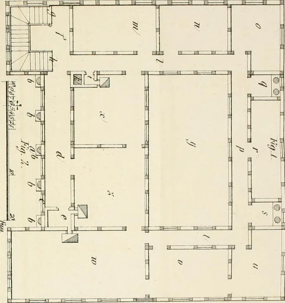 An illustration from Die ländliche und landwirthschaftliche Baukunst von Holz und Brettern : oder die Blockhäuser-Baukunst nach den Regeln der Architektur und Symmetrie systematisch bearbeitet und geordnet ..., 1840, leaf 86