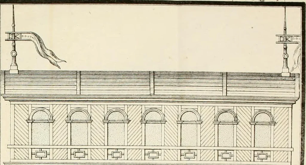 An illustration from Die ländliche und landwirthschaftliche Baukunst von Holz und Brettern : oder die Blockhäuser-Baukunst nach den Regeln der Architektur und Symmetrie systematisch bearbeitet und geordnet ..., 1840, leaf 88