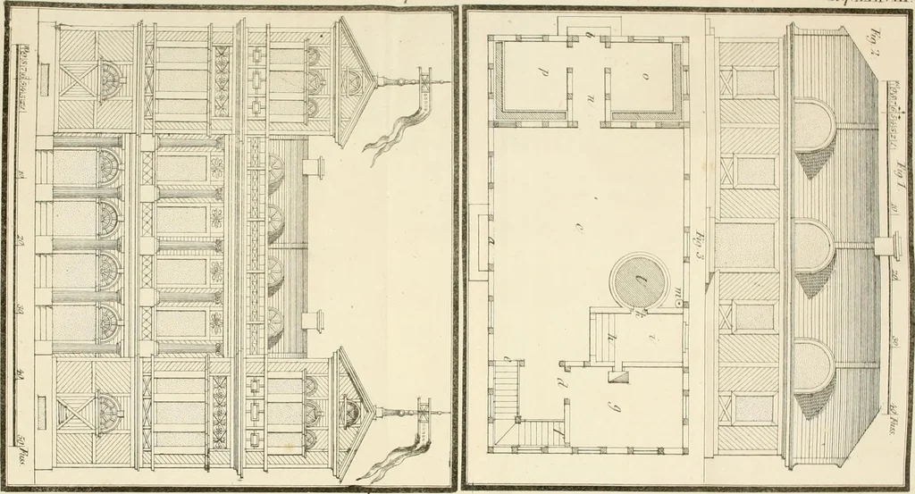 An illustration from Die ländliche und landwirthschaftliche Baukunst von Holz und Brettern : oder die Blockhäuser-Baukunst nach den Regeln der Architektur und Symmetrie systematisch bearbeitet und geordnet ..., 1840, leaf 90