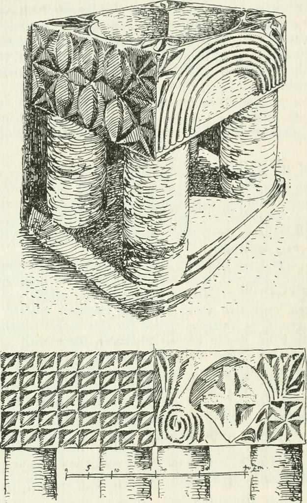 An illustration from Die älteste Kunst, insbesondere di Baukunst, der Germanen, 1909, leaf 36