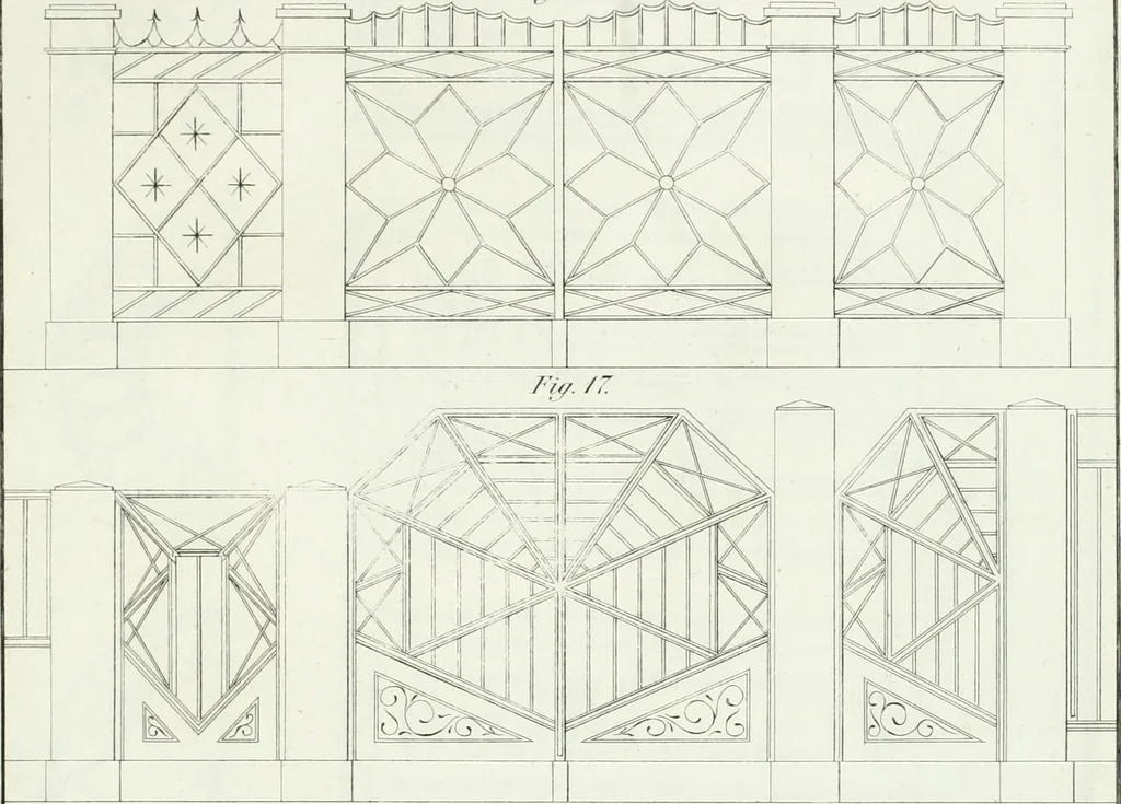 An illustration from Die Mappe des Bautischlers : oder, Ideen zu Thorwegen, Hausthüren, Doppelthüren, Vorsetzern, Stubenthüren, Gewölbethüren, Glasthüren, Bogen- und andern Fenstern, mit ihrem vergrössert dargestellten Grund- und Profilriss und dem beigefügten Maassstabe : zum Gebrauche für Architecten, Decorateurs, Baugewerken, Tischler, Glaser, Bildhauer und Freunde der Baukunst : mit besonderer Rücksicht auf leichte Ausführbarkeit der im Praktischen oft schwer zu hebenden Schwierigkeiten und auf die Anwendung bei alten, neu zu decorirenden Gebäuden : auch als Vorlegeblätter anwendbar, 1832, leaf 10